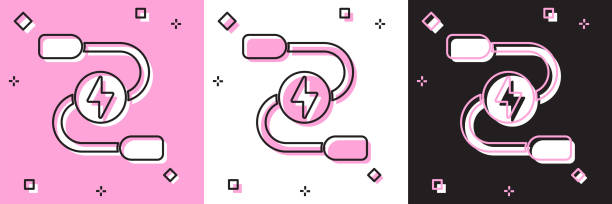 ilustrações, clipart, desenhos animados e ícones de definir ícone do cabo de alimentação do jumper da bateria do carro isolado no fundo rosa e branco, preto. vetor - lead black cable clamp