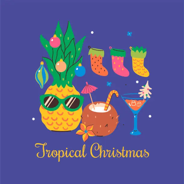 Vector illustration of Tropical Christmas card with decorated pineapple in glasses. Vector graphics.