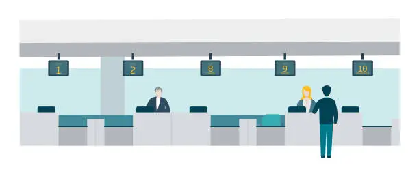 Vector illustration of Extended panoramic view of the check in desks inside an airport with employees and man delivering his luggage. Colorful flat style detailed vector illustration.