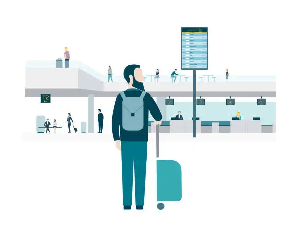 Vector illustration of Rear, back view of a bearded man character with a trolley suitcase and a bag inside the departures hall of an airport with people and a departures board sign in the background. Vector illustration.