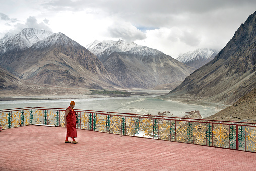 Nubra valley. Ladakh.India-appril 22 2016: Diskit Monastery also known as Deskit Gompa or Diskit Gompa is the oldest and largest Buddhist monastery (gompa) in Diskit, Nubra Valley of the Leh district of Ladakh.[1][2] It is 115 km north of Leh.

It belongs to the Gelugpa (Yellow Hat) sect of Tibetan Buddhism and was founded by Changzem Tserab Zangpo, a disciple of Tsong Khapa, founder of Gelugpa, in the 14th century.[3][4] It is a sub-gompa of the Thikse gompa.
