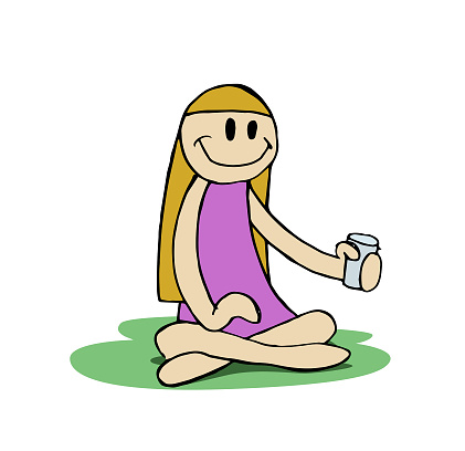Cute happy smiling woman character sitting on ground with a glass in her hand. Picnic outdoors. Cartoon hand drawn colorful style vector illustration on white background.