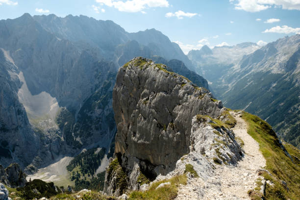 Alpine landscape in the Wetterstein Mountains with rock formations stock photo