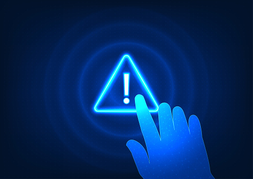 Notification technology The hand pressing the alert symbol indicates a system notification of a technological data processing error.