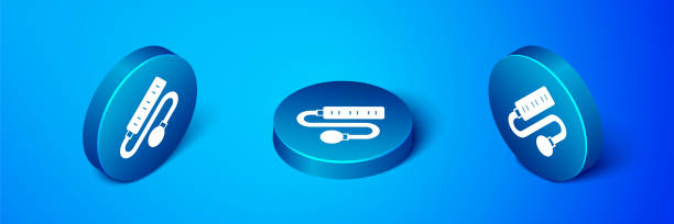 izometryczna elektryczna ikona przedłużacza izolowana na niebieskim tle. gniazdo wtykowe. niebieski przycisk koła. wektor - extension cord push button cable electric plug stock illustrations