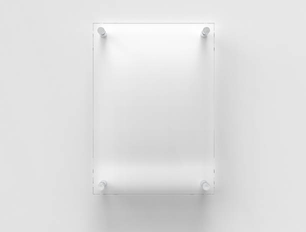 istock Blank vertical A4 transparent glass office corporate Signage plate Mock Up Template, Board For Branding, Logo. Transparent acrylic advertising signboard mockup front view. 3D rendering 1735195927