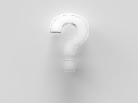 3d illustration of a large, transparent glass question mark standing out in the spotlight, casting a long shadow on a gray background.
