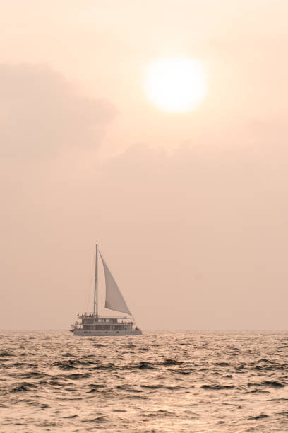 Sail boat in Mirissa Sri Lanka under the sun during sunset. High quality photo