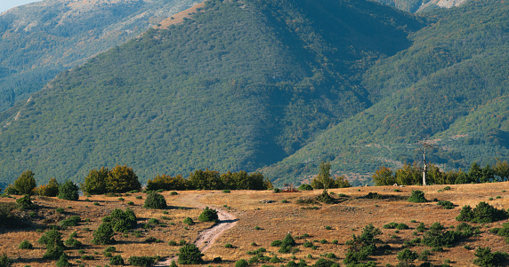 Landscape panorama of a road to the mountain with golden grassy hill and big mountain in the background.