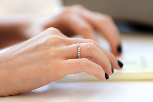 Woman hands with wedding ring.
