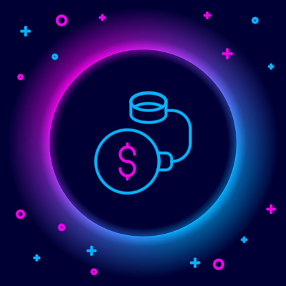 Glowing neon line Debt ball chained to dollar coin icon isolated on black background. Big heavy debt weight with shackles and money. Financial crime, fee, crisis. Colorful outline concept. Vector.