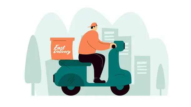 Vector illustration of A vector illustration of a delivery man who rides a scooter motorcycle with a cityscape background.