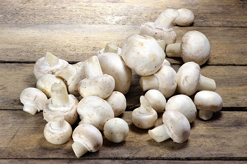 white mushrooms on wooden background