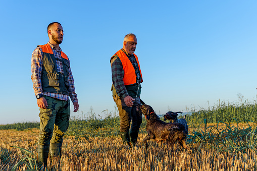 Young Caucasian son and his mature Caucasian father standing in a field with their shorthaired pointer dog.
