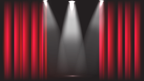 Stage with red curtain. Concert show backdrop with spotlight. Theater or cinema scene. Vector illustration design.