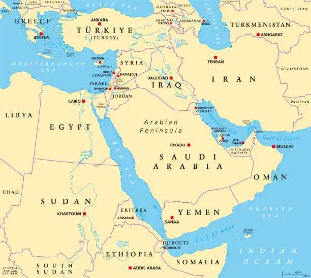 Vector illustration of The Middle East, political map with capitals and international borders