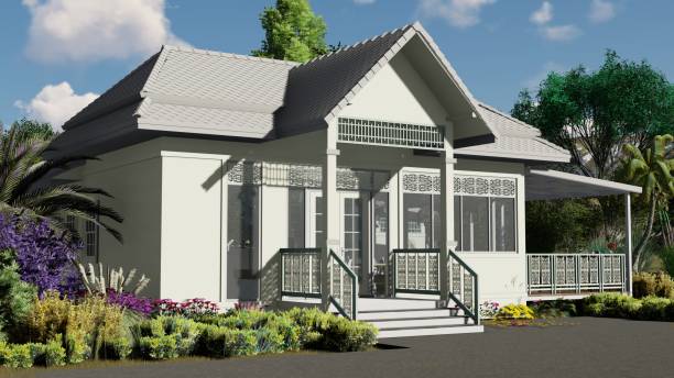 istock House 3D model with front garden, Cafe style house Surrounded by nature, 3D design. 1735246265