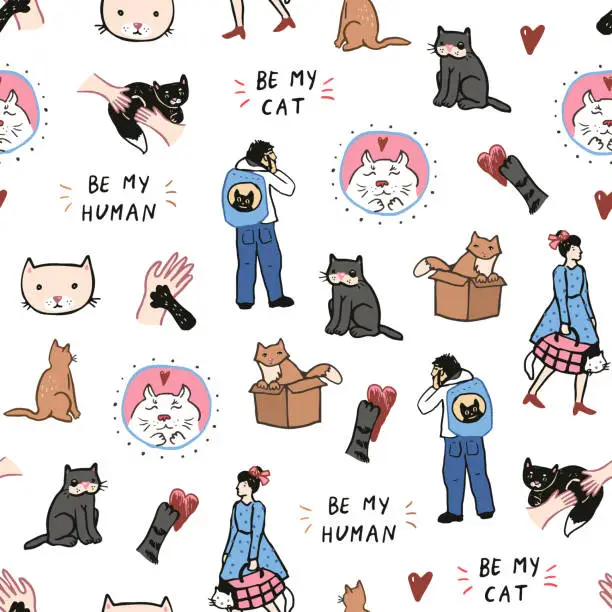 Vector illustration of Funny cat, boy with a cat, girl with a cat seamless pattern.