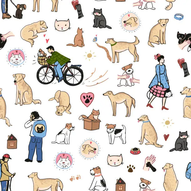 Vector illustration of Funny dog, cat, boy with a dog, girl with a cat seamless pattern.