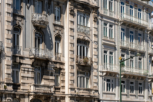 Facades of buildings in the heart of Lisbon in Portugal