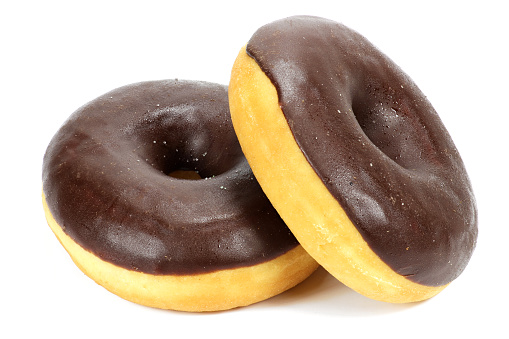 chocolate iced donuts isolated on white background