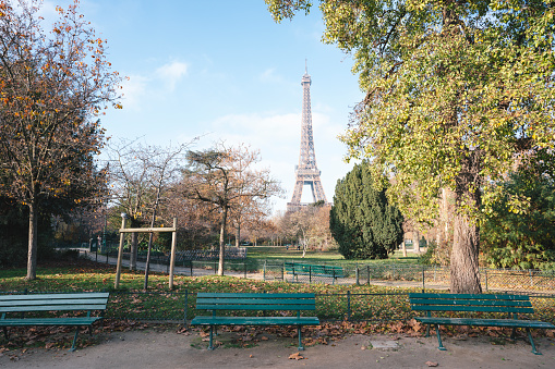 Eiffel Tower and Champ-de-Mars Parc Autumn Paris France