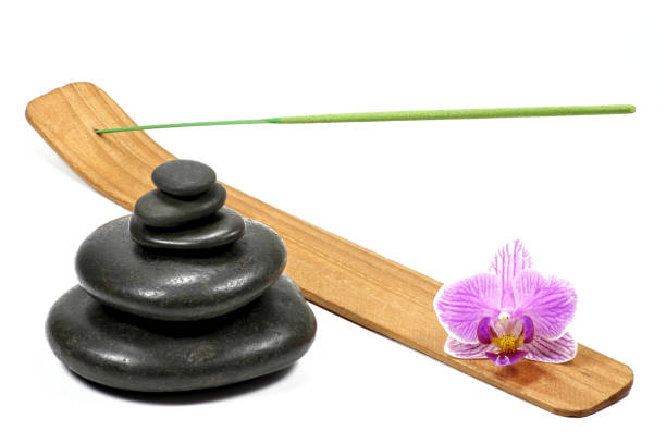white zen balance stones and bamboo plant