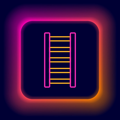 Glowing neon line Fire escape icon isolated on black background. Pompier ladder. Fireman scaling ladder with a pole. Colorful outline concept. Vector.