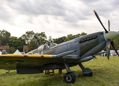 Holt, Norfolk, UK  September 16 2023. Restored WW2 Spitfire plane on display at the annual 1940s weekend in Holt, Norfolk