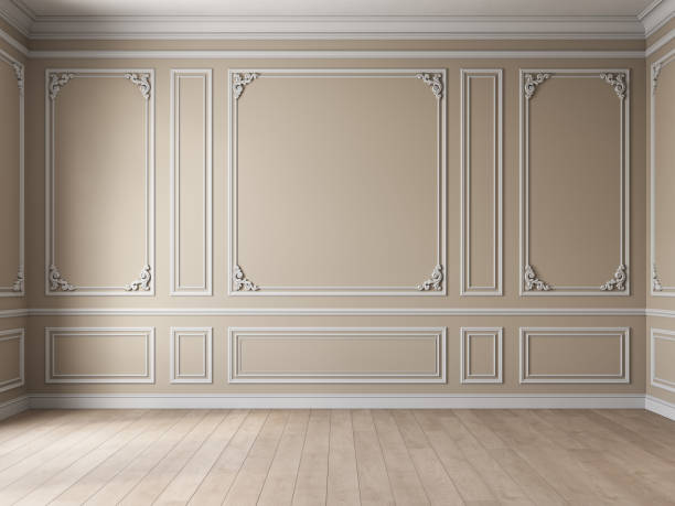 istock Classic beige empty interior with blank wall with white moldings and wood floor. 3d render illustration mockup. 1735296063