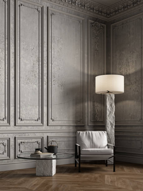 istock Classic interior with concrete wall, moldings, armchair and decor. 3d render illustration mockup. 1735296524