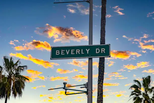Photo of Sign for the luxurious and well-known street of Beverly Drive in Beverly Hills in the city of Los Angeles in the state of California.