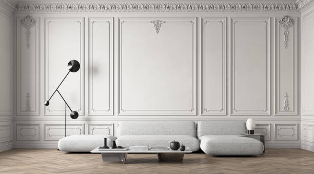 istock Classic white interior with moldings, sofa, wood floor and decor. 3d render illustration mockup. 1735297139