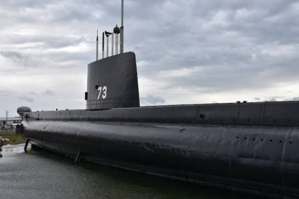 The black submarine of Pointe Au Pere, in Quebec state Le sous-marin noir de Pointe Au Père, dans la province de Québec north quebec stock pictures, royalty-free photos & images