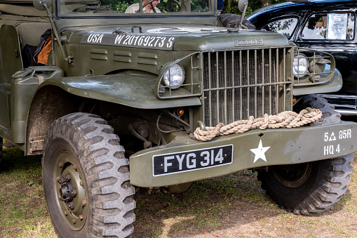 Holt, Norfolk, UK  September 16 2023. Close up of the front end of a WW2 military jeep on display at the annual 1940s weekend, Holt