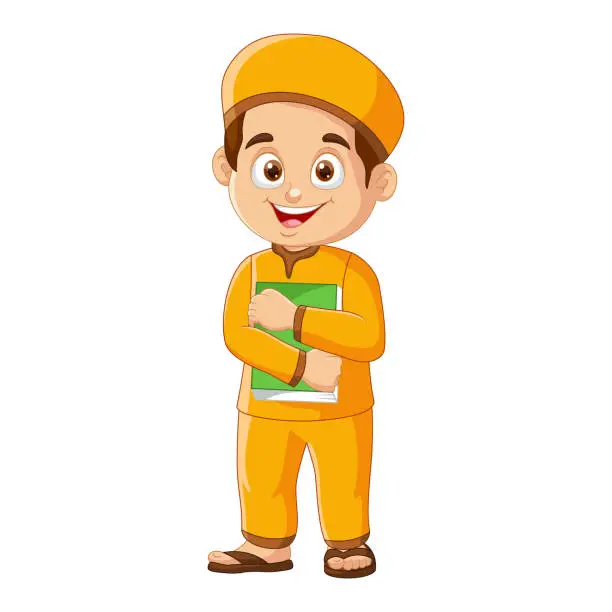 Vector illustration of Vector cartoon muslim boy holding a book