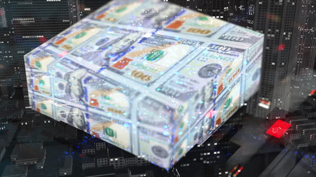 Dollar notes inside cube background