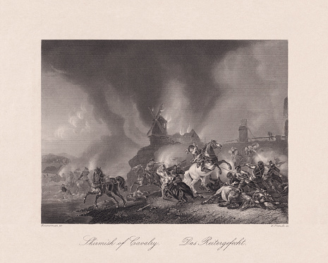 Cavalry battle in front of a burning windmill and a bridge  (or Skirmish of Cavalry). Steel engraving after an oil painting (c. 1660) by Philips Wouwerman (Dutch painter, 1619 - 1668) in the Old Masters Gallery (German: Gemäldegalerie Alte Meister) in Dresden, Saxony, Germany, published in 1863.