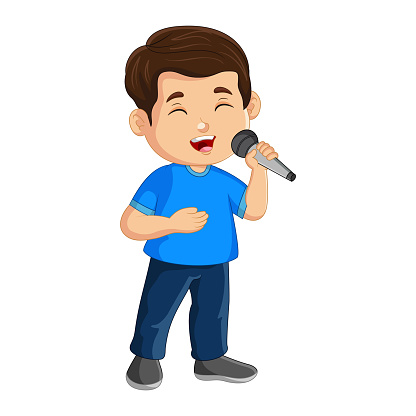 Vector cute little boy singing with microphone