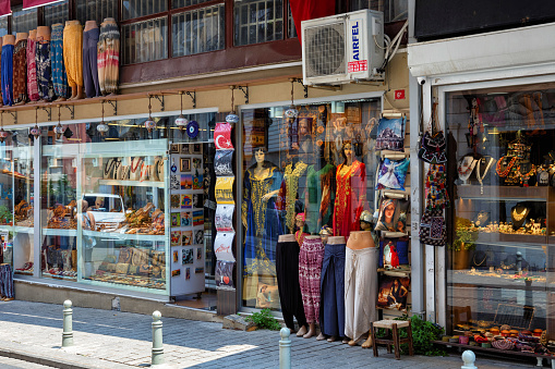 Istanbul, Turkey - July 06, 2018: Showcase of one of the shops with national clothes and souvenirs in the center of the Istanbul.