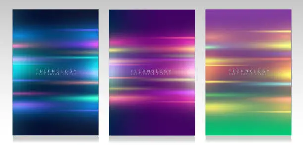Vector illustration of Futuristic cover set. Strips of neon ray on gradient background.