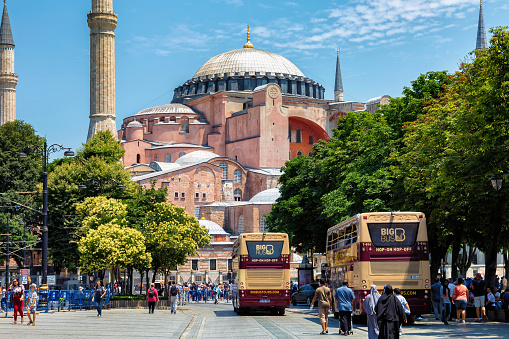 Istanbul, Turkey - July 05, 2018: View of the Hagia Sophia (Holy Hagia Sophia Grand Mosque). In 1935, the secular Republic of Turkey established it as a museum. In 2020, it re-opened as a mosque.