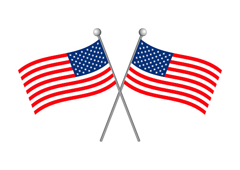 Two crossed waving american flag icon vector isolated on a white background. Flag of the United States graphic design element. USA flag on a pole symbol