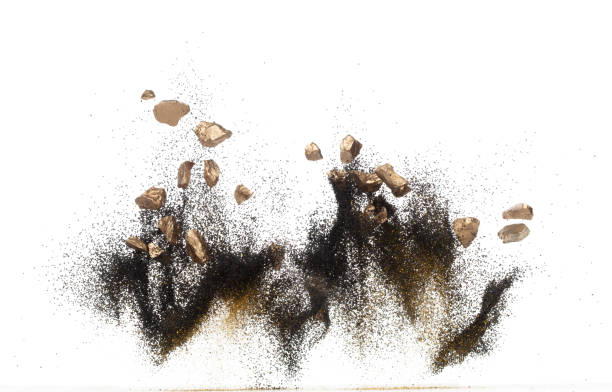 istock Gold ore nugget mix sand explode from Mining. Golden nugget ore grain powder explosion with sand stone gravel in gold Mining industry. White background Isolated throwing freeze stop motion 1735370921