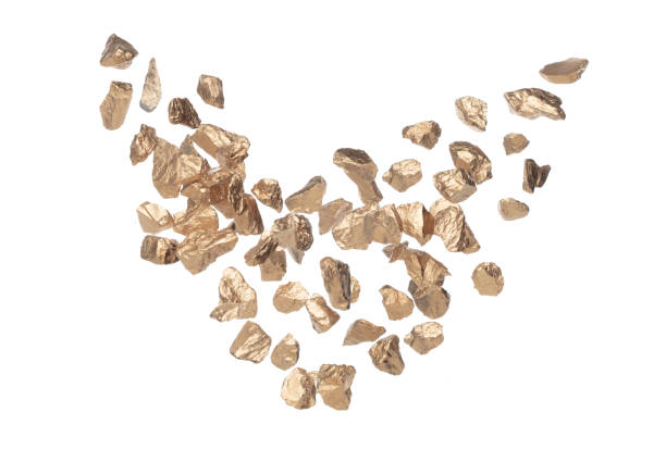 istock Heart shape Gold ore nugget fly fall from Mining float in air. Many pieces Golden nugget ore explosion with stone gravel in gold Mining industry. White background Isolated throwing freeze stop motion 1735371441