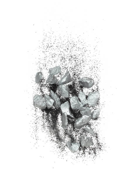 istock Silver ore nugget fly fall from Mining float in air. Many pieces silver nugget ore explosion with sand glitter gravel in silver Mining industry. White background Isolated throwing freeze stop motion 1735372492