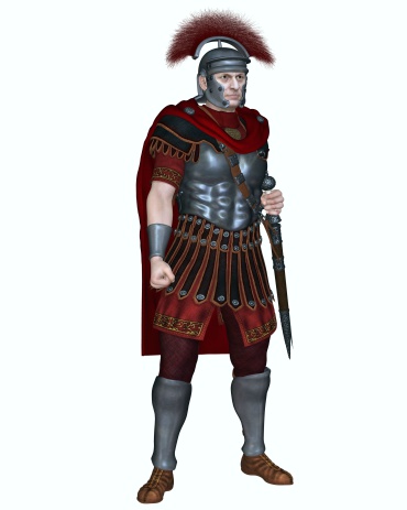 Centurion of the Imperial Roman legionary army wearing a transverse crested helmet and carrying a gladius or short sword, 3d digitally rendered illustration