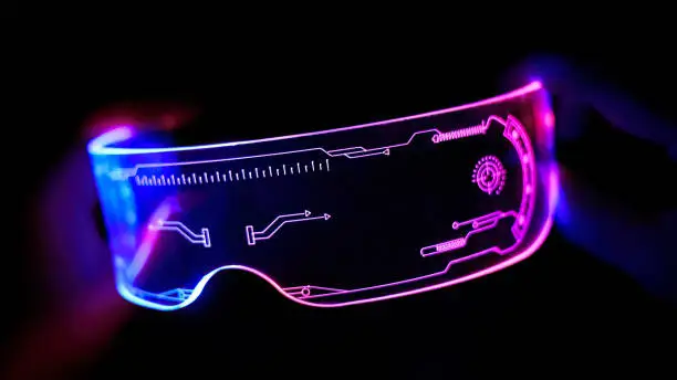 Right view of eyeware goggles colorful neon light, futuristic digital innovation concept, glow in dark background, cyber device, game head set, object, LED