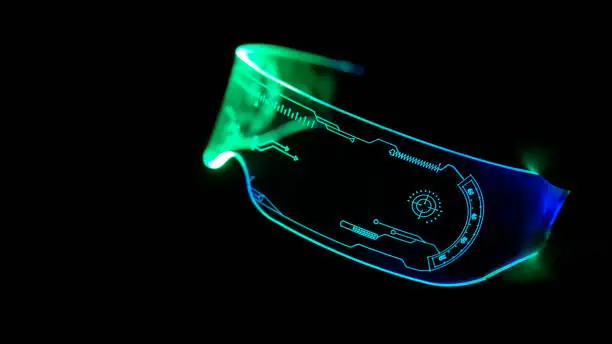 Right view of eyeware goggles colorful neon light, futuristic digital innovation concept, glow in dark background, cyber device, game head set, object, LED