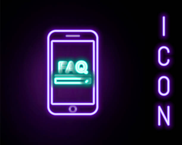 istock Glowing neon line Mobile phone with text FAQ information icon isolated on black background. Frequently asked questions. Colorful outline concept. Vector 1735398179